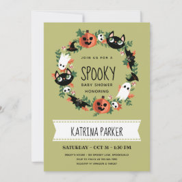 Invitación Cute Spooky Halloween Wreath Green Baby Shower