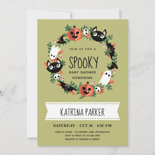 Invitación Cute Spooky Halloween Wreath Green Baby Shower (Anverso)