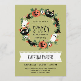 Invitación Cute Spooky Halloween Wreath Green Baby Shower