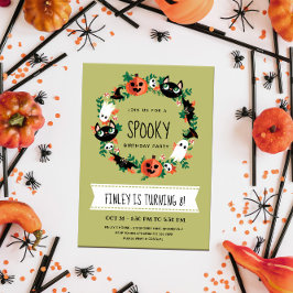 Invitación Cute Spooky Halloween Wreath Green Kids Birday