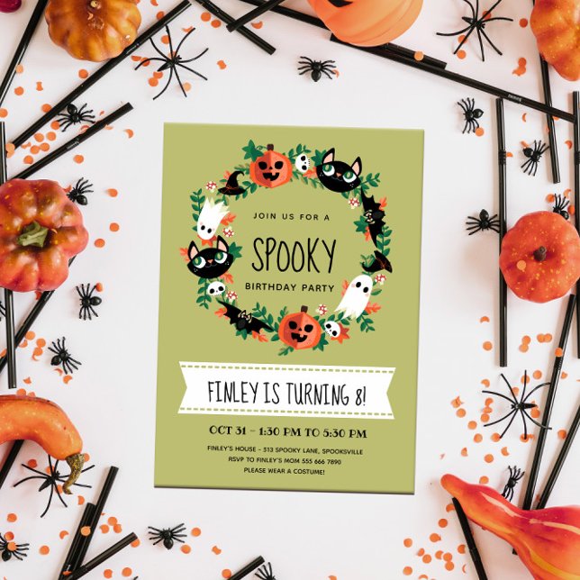Invitación Cute Spooky Halloween Wreath Green Kids Birday (Subido por el creador)