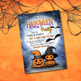 Invitación Cute Spooky Pumpkin Witch Hat moon Halloween Party
