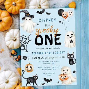 Invitación Cute Spooky Un niño de Halloween Azul Primer cumpl