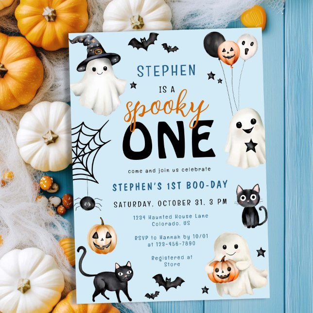 Invitación Cute Spooky Un niño de Halloween Azul Primer cumpl (Subido por el creador)