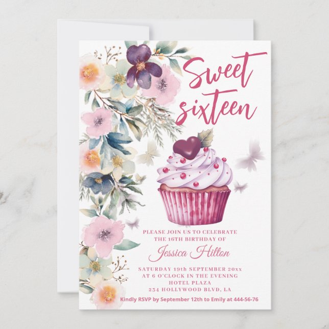 Invitación Cute Spring Boho quequito de flores dulce 16 (Anverso)
