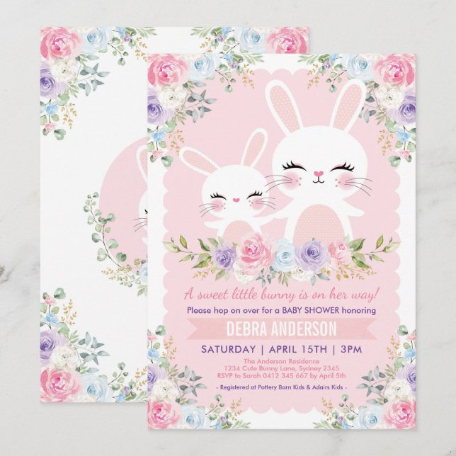 Invitación Cute Spring Bunny Baby Shower Watercolor Floral (Anverso / Reverso)