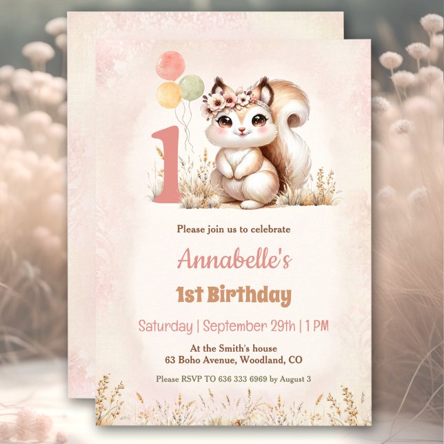 Invitación Cute Squirrel Woodland Boho Chica 1er cumpleaños (Cute Squirrel Woodland Boho Girl 1st Birthday Invitation)