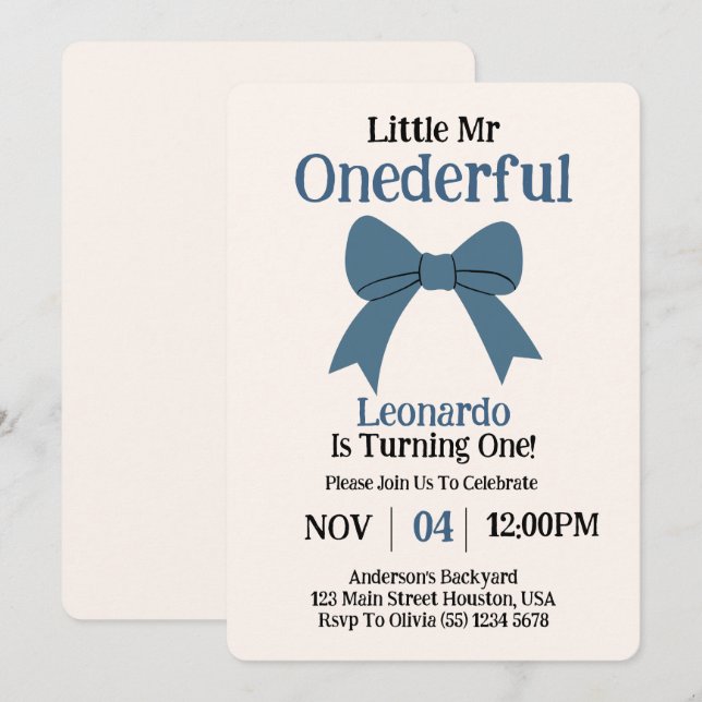 Invitación Cute Sr. Onemaravilloso Blue Bow Boy 1er cumpleaño (Anverso / Reverso)