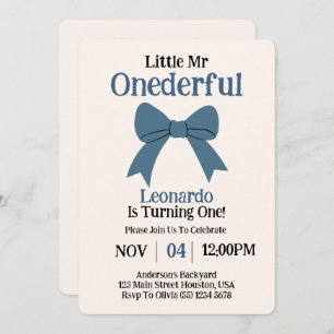 Invitación Cute Sr. Onemaravilloso Blue Bow Boy 1er cumpleaño