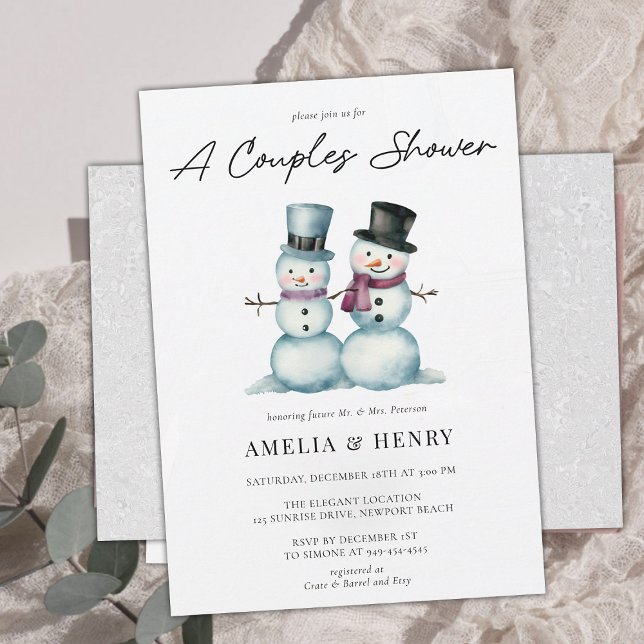 Invitación Cute Sr. Snowman Funny Winter Bridal Shower (funny couples shower wedding snowman winter cute humor watercolor elegant classy chic his hers coed)