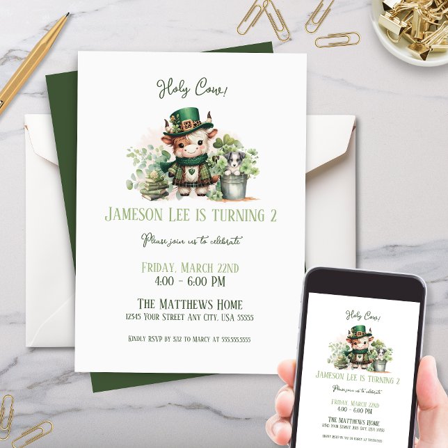 Invitación Cute St Patricks Highland Cow Boys Puppy Cumpleaño (Cute St Patricks Day Highland Cow with Books and Puppy for March Birthday Party Invitation for kids)