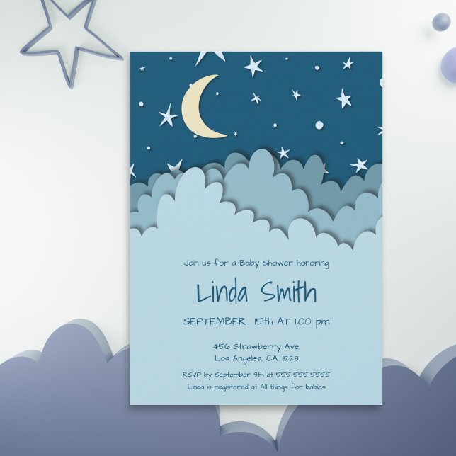 Invitación Cute Starry Night Blue Clouds Baby Shower (Subido por el creador)