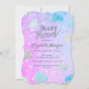 Invitación Cute Stars & Clouds Holográfica Baby Shower