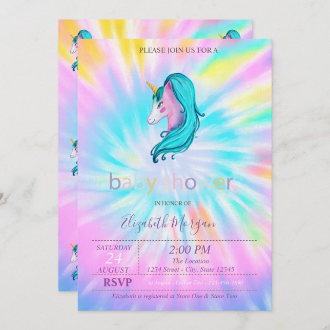 Invitación Cute Stars de Unicornio Tie Dye Baby Shower (Anverso / Reverso)