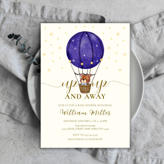 Invitación Cute Stars Teddy Bear Hot Air Balloon Baby Shower (Cute Stars Teddy Bear Hot Air Balloon Baby Shower Invitation)