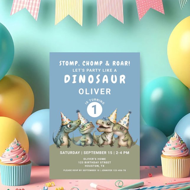 Invitación Cute Stomp Chomp & Roar Dinosaur 1er cumpleaños (Cute Stomp Chomp & Roar Dinosaur 1rst Birthday Invitation)
