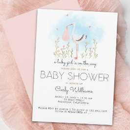 Invitación Cute Stork Baby Girl Baby Shower