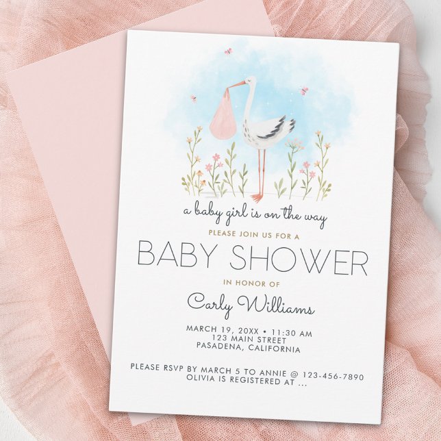 Invitación Cute Stork Baby Girl Baby Shower (Subido por el creador)