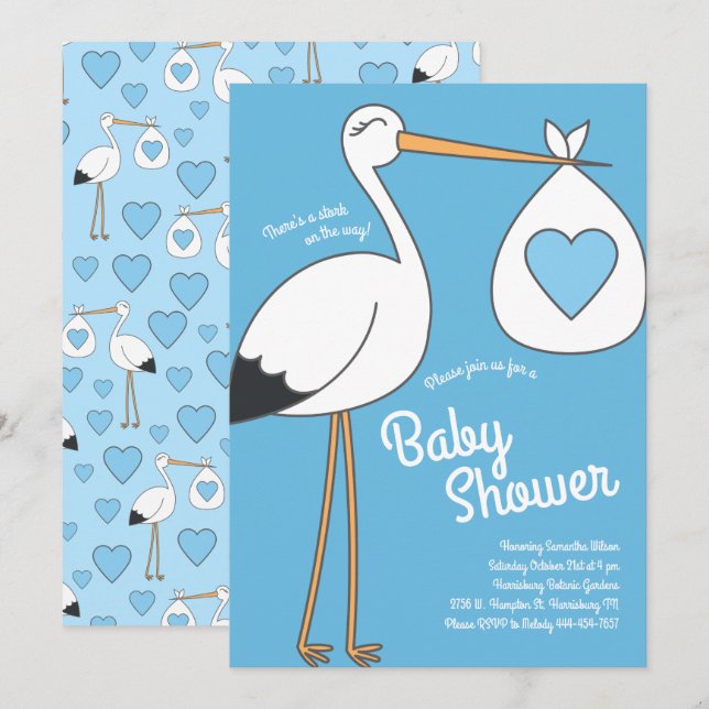 Invitación Cute Stork Baby Shower Mod Blue Boy (Anverso / Reverso)