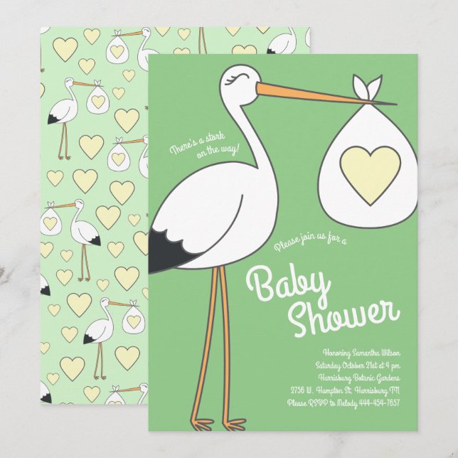 Invitación Cute Stork Baby Shower Mod Gender Neutral (Anverso / Reverso)