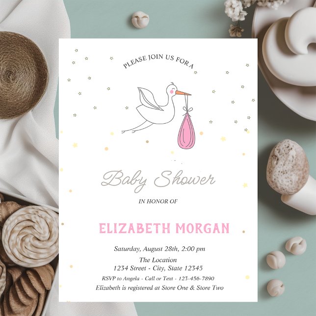 Invitación Cute Stork Chicas Stars Baby Shower (Subido por el creador)