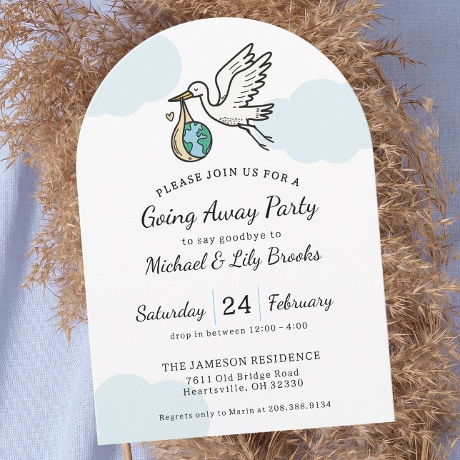 Invitación Cute Stork Holding World Going Away (Subido por el creador)