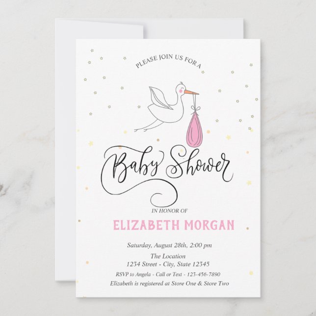 Invitación Cute Stork Stars Baby Shower   (Anverso)