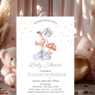 Invitación Cute Stork Stars Baby Shower  