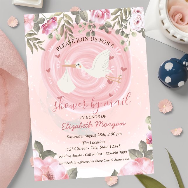 Invitación Cute Stork Watercolor Flowers Baby Shower (Subido por el creador)