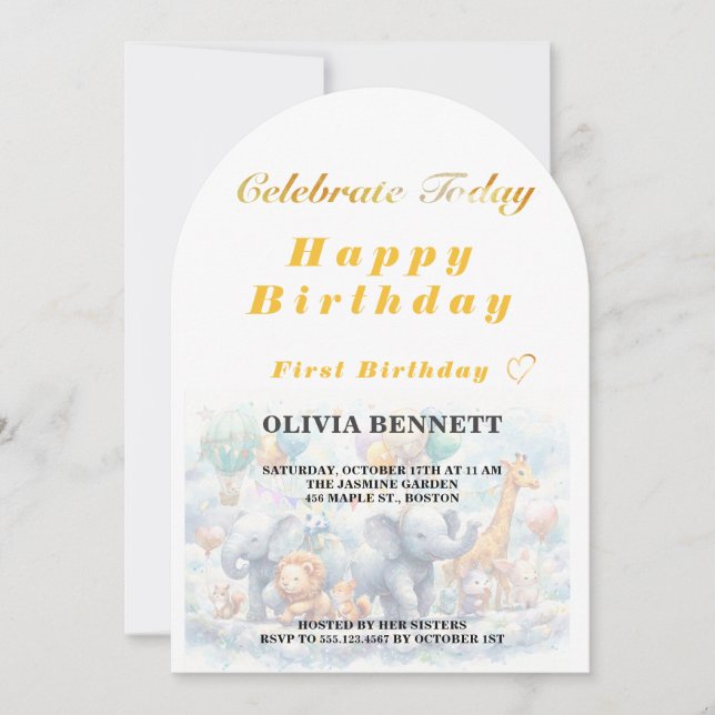 Invitación Cute Storybook Animals First Birthday (Anverso)