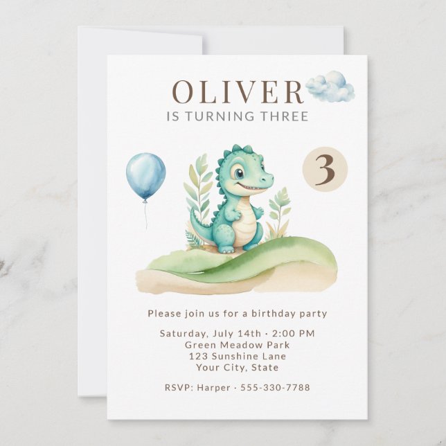 Invitación Cute Storybook Dinosaur Birthday Party Invitation (Anverso)