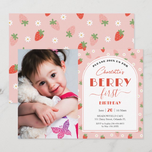 Invitación Cute Strawberries Berry Primera foto de cumpleaños (Anverso / Reverso)