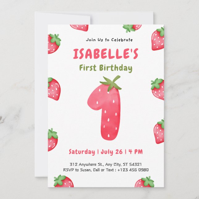 Invitación Cute Strawberry Berry 1st Birthday Invitation   (Anverso)