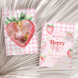 Invitación Cute Strawberry Daisy Berry Primera Foto Cumpleaño