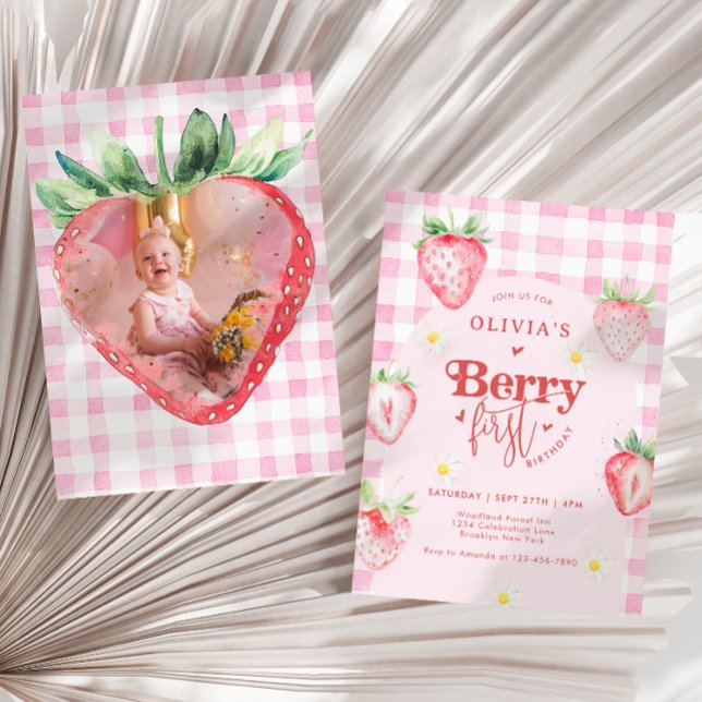 Invitación Cute Strawberry Daisy Berry Primera Foto Cumpleaño (Subido por el creador)