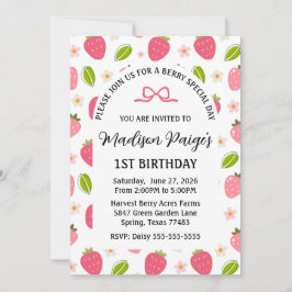 Invitación Cute Strawberry Pink Girls 1st Birthday Invitation