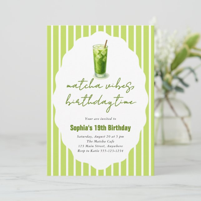 Invitación Cute Stripes Wavy Matcha 19th Birthday Party (Anverso de pie)