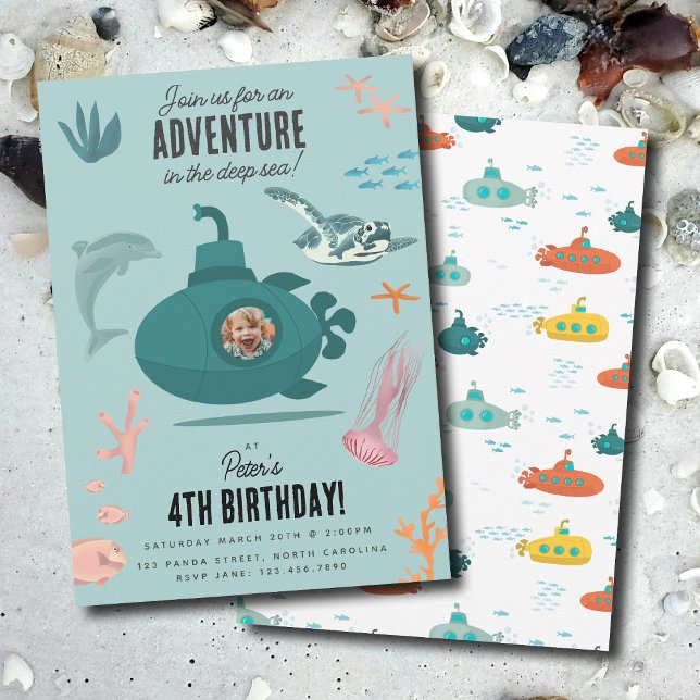 Invitación Cute Submarine Deep Sea Birthday Kids Photo (Cute Submarine Deep Sea Birthday Kids Photo Invitation)