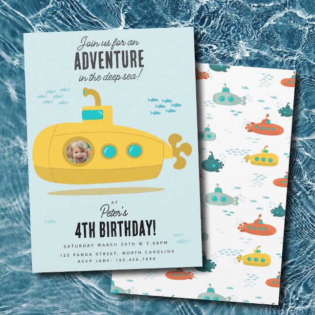 Invitación Cute Submarino Cumpleaños Profundo Mar Niños Foto (Cute Submarine Deep Sea Birthday Kids Photo Invitation)