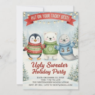 Invitación Cute suéter feo fiesta de vacaciones pingüino oso