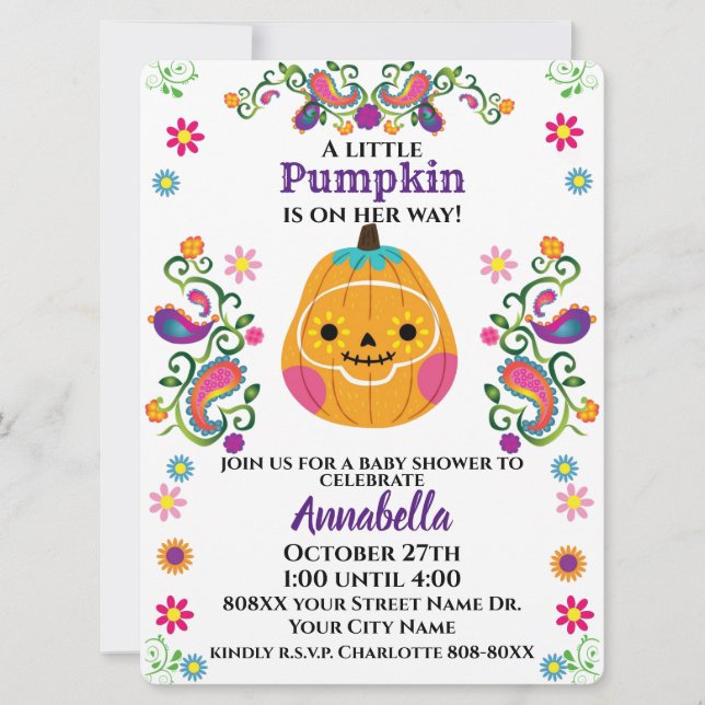 Invitación Cute Sugar Skull Calabaza Halloween Baby Shower (Anverso)