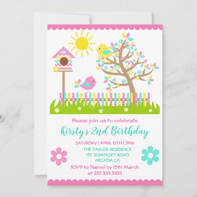 Invitación Cute Summer Tree Flores Birds Birthday Party Invi (Anverso)