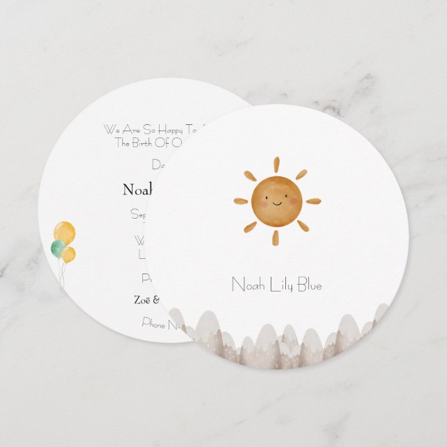 Invitación Cute Sun Mountains Baby Announcement Card (Anverso / Reverso)