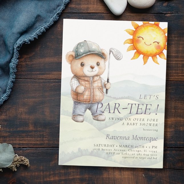 Invitación Cute Sun Teddy Hat Golf Let's Par-Tee Baby Shower (Subido por el creador)