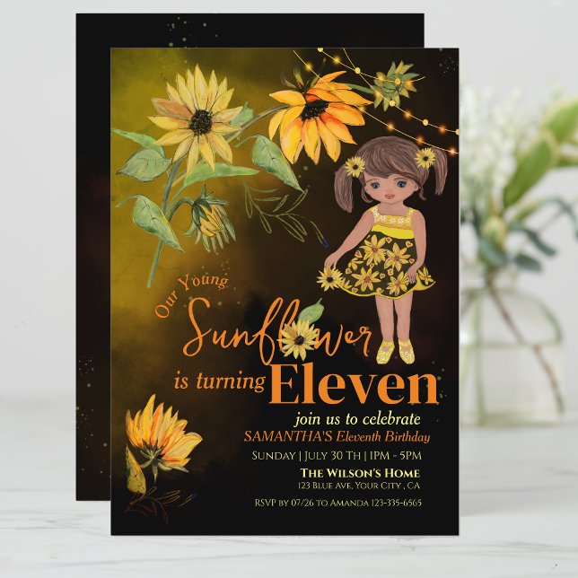 Invitación Cute Sunflower Watercolor Chica Nacimiento Negro (Cute Sunflower Watercolor Girl Black Birthday Invitation)
