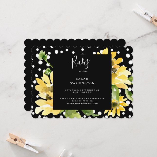 Invitación Cute Sunflowers Polka Dot Baby Shower Scalloped (Anverso/Reverso In Situ)