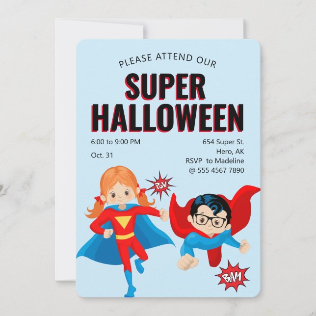 Invitación Cute Superhéroe Kids Halloween Party Nuevo valor d (Anverso)