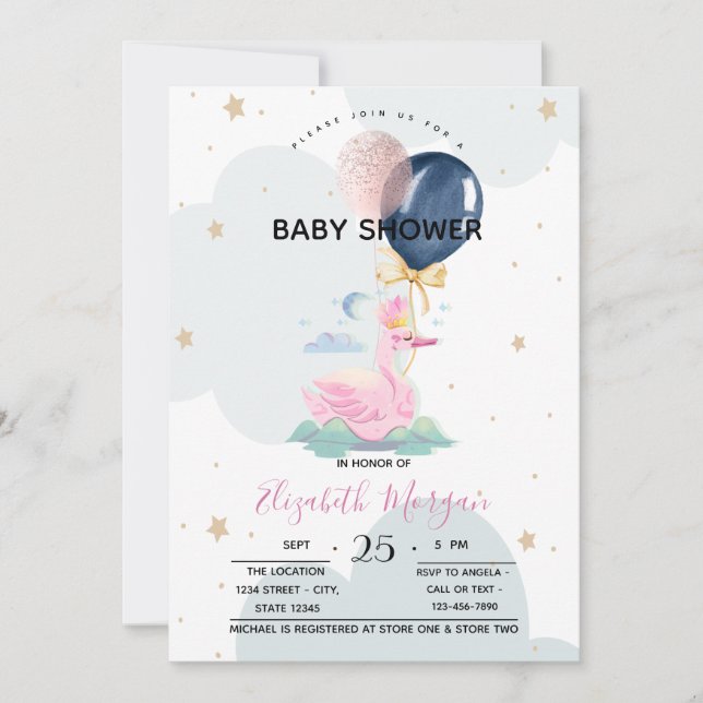 Invitación Cute Swan Balloons Baby Shower (Anverso)