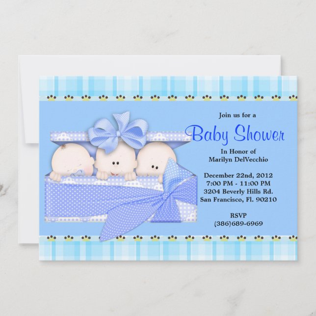 Invitación CuTE Sweet Blue Triplets Baby Shower (Anverso)