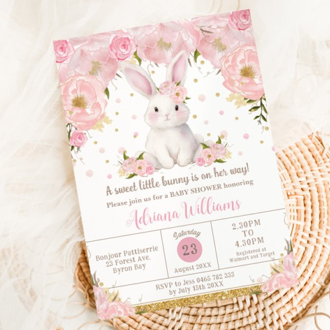 Invitación Cute Sweet Bunny Rabbit Pink Floral Baby Shower (Subido por el creador)